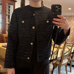 NWOT Patch Pocket Black Shimmer Tweed Jacket with Bronze Buttons